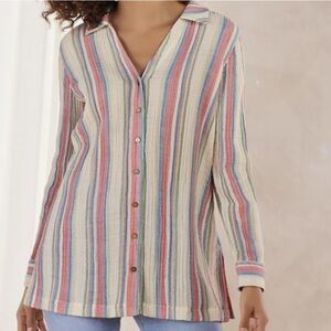 Soft Surroundings Senna Stripe Button Up Gauze Tunic Shirt Multicolor Large
